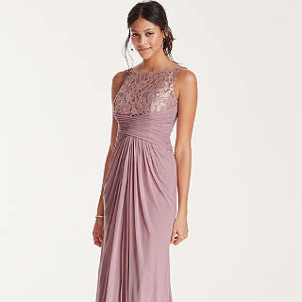 David's Bridal rose gold corded lace dress
